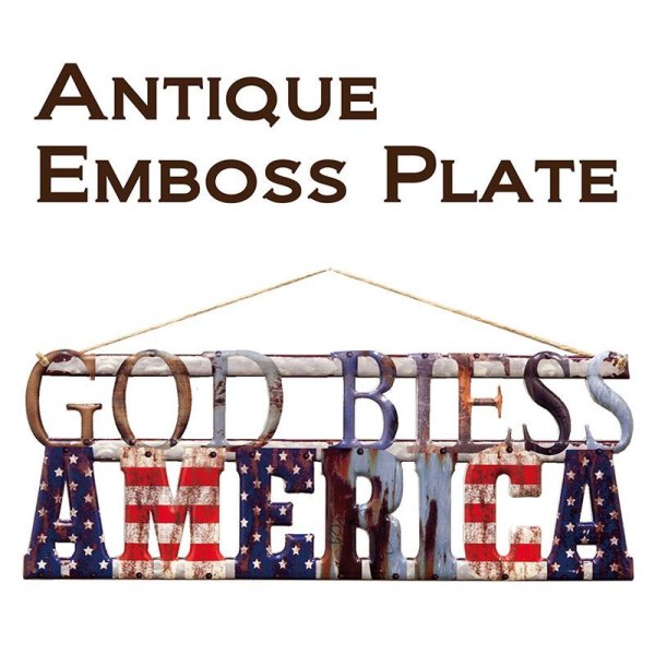 画像1: アンティークエンボスプレート［ダイカット（GOD BLESS AMERICA）］(約)W55×H22cm　*横長サイズで迫力も満点です!!