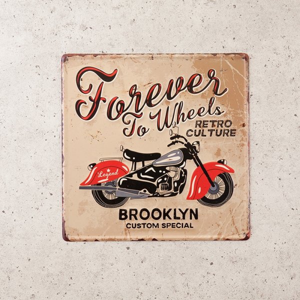 画像1: アンティークエンボスプレート ［Forever to Wheels］ ブリキ製 (約) W30 x D0.2 x H30 cm