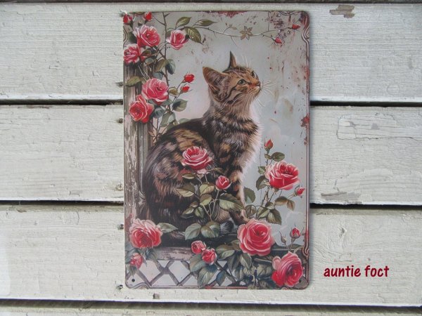 画像1: 【メタルブリキサインプレート看板】猫とバラ (約)W200×H300 